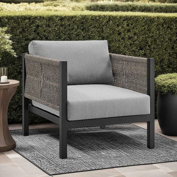 Armen Living Mareike Black Aluminum and Rope Outdoor Lounge Chair with Dark Gray Cushion