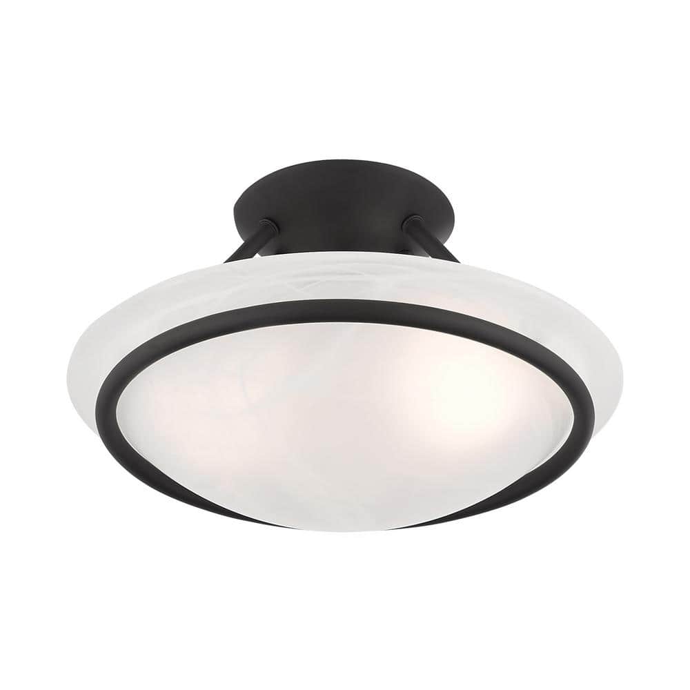 Lustrous Black Nickel 2-Light Semi Flush Mount with White Alabaster Glass Bowl