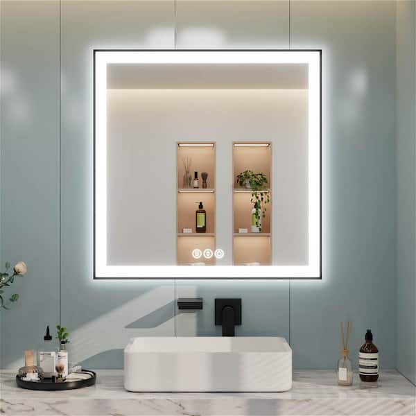 INSTER MOC 36 in. W x 36 in. H Square Framed LED Lighted Wall Mount Bathroom Vanity Mirror with Memory Function
