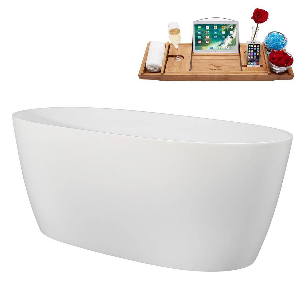 59" Glossy White Acrylic Freestanding Soaking Tub with Tray