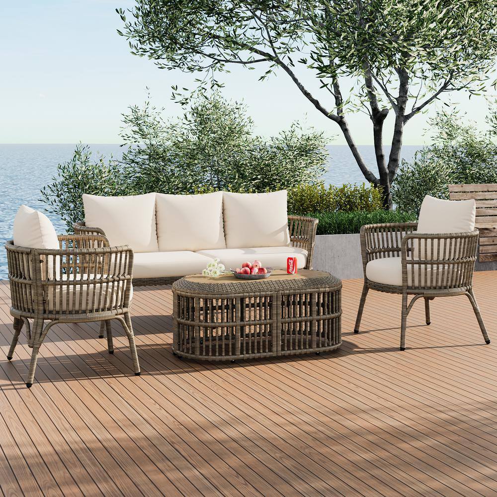 4-piece rattan wicker outdoor patio conversation set with coffee table, bei