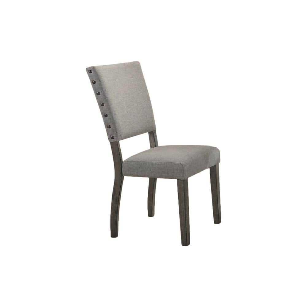 Antique Gray Solid Wood Round Dining Table Set with 4 Light Gray Upholstered Chairs