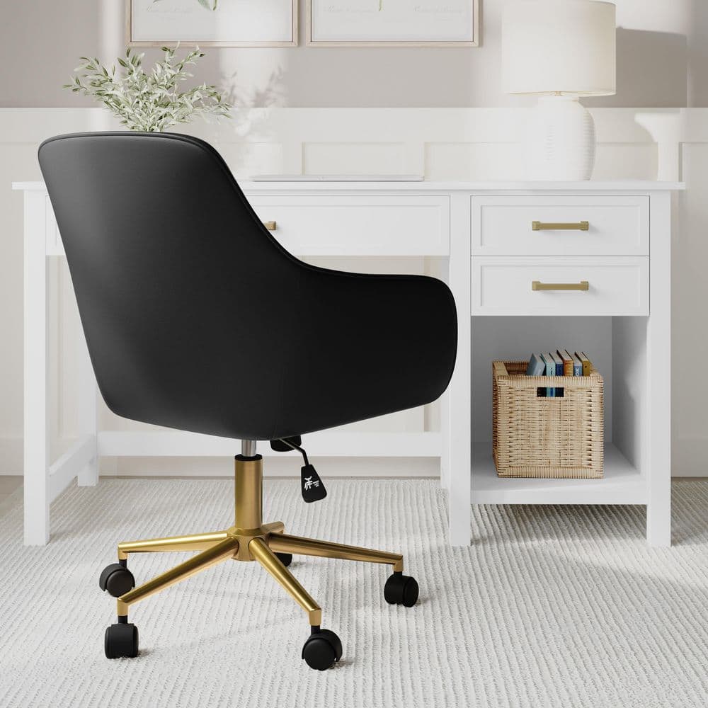 Rayna Leather Adjustable Height Ergonomic Office Chair in Black Faux Leather/Polished Brass Frame with Arms