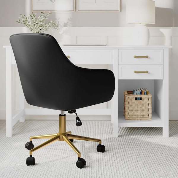 Rayna Leather Adjustable Height Ergonomic Office Chair in Black Faux Leather/Polished Brass Frame with Arms