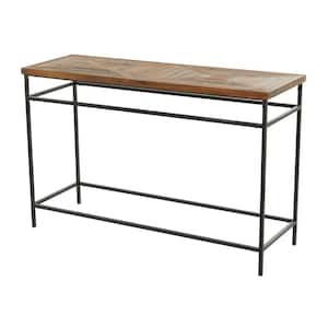 48 in. Black Extra Large Rectangle Metal Console Table with Brown Wood Top