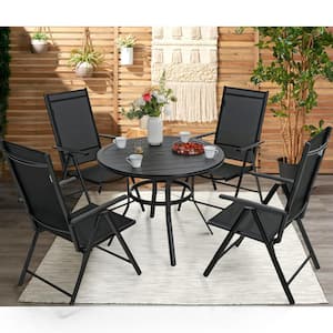 5-Piece Black Metal Patio Outdoor Dining Set with Slat Round Square Table and Black Folding Reclining Sling Chairs