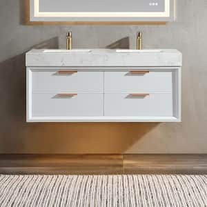 48 in. W x 20.7 in. D x 21.3 in. H Double Sink Solid Oak Floating Bathroom Vanity /White Marble Countertop with Lights