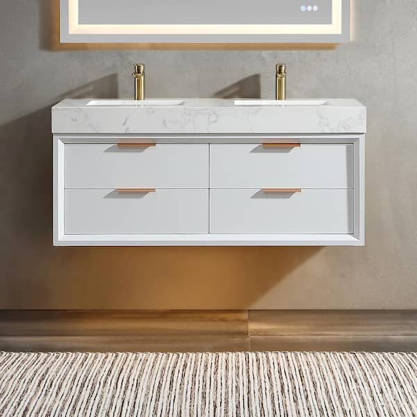 Lonni 48 in. W x 20.7 in. D x 21.3 in. H Double Sink Solid Oak Floating Bathroom Vanity /White Marble Countertop with Lights