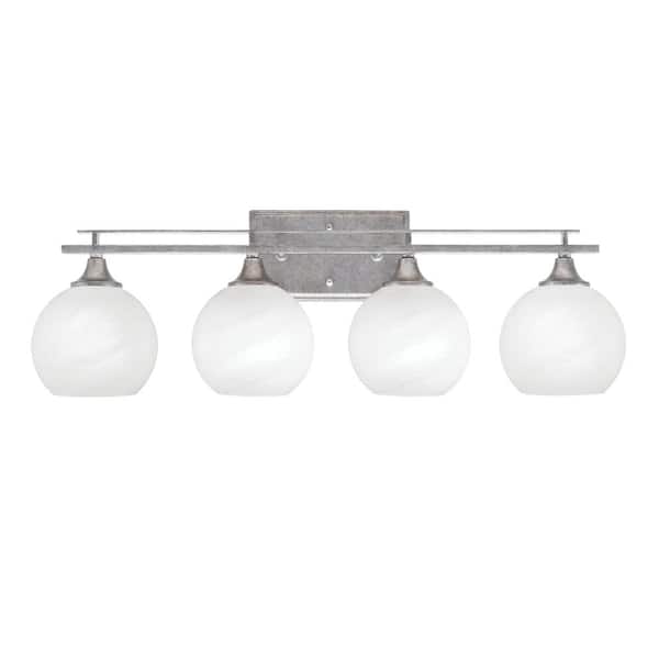 Unbranded Ontario 28.5 in. 4-Light Vanity Light Aged Silver White Marble Glass Shades