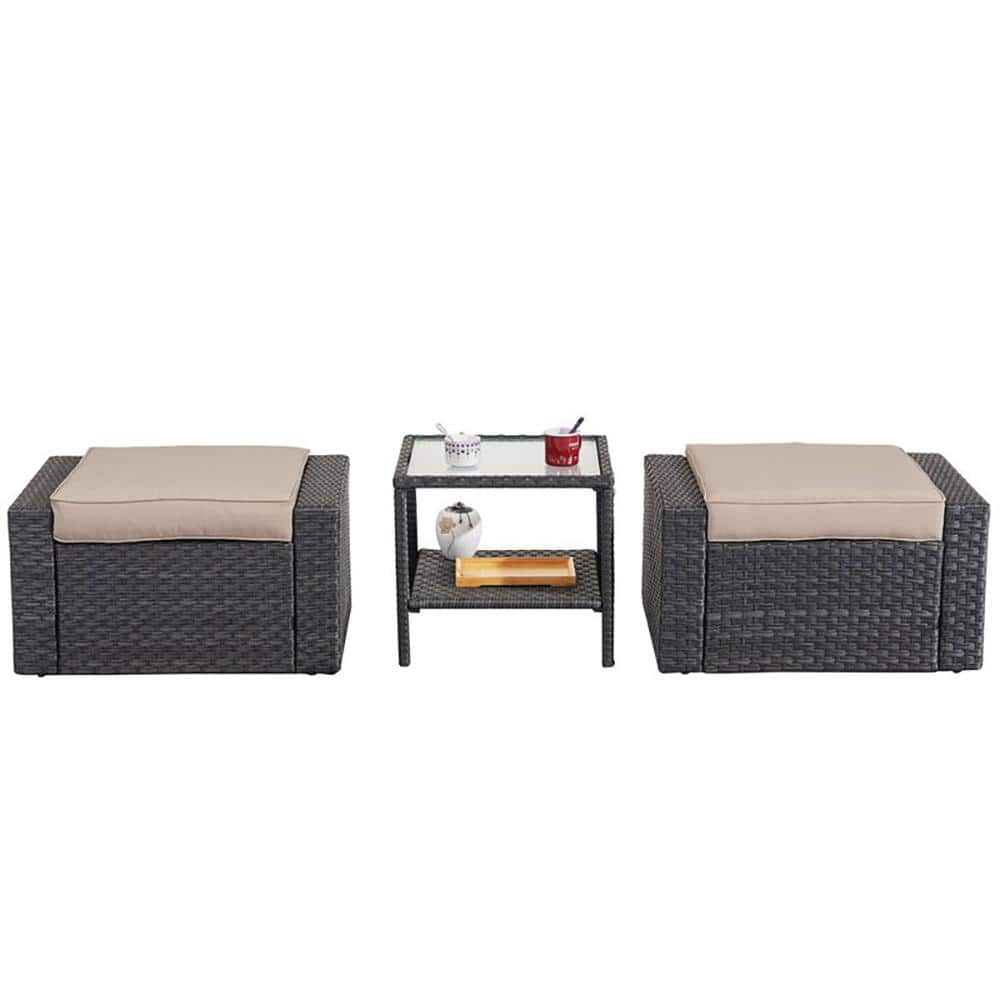 Black Wicker Outdoor Ottomans Patio Conversation Sets with Khaki Cushion an