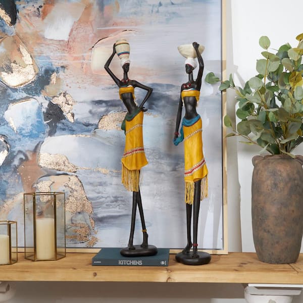 Yellow Resin Handmade African Woman People Sculpture with Water Jugs and Jeweled Details (Set of 2)