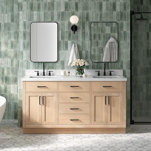 ARIEL Hepburn 67 in. W x 22 in. D x 36 in. H Double Freestanding Bath Vanity in Oak with Italian Carrara Marble Top