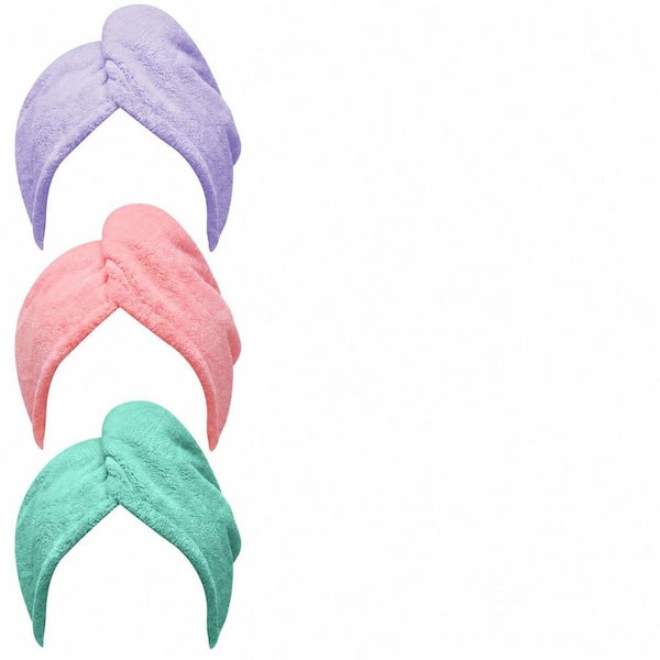 Pink Purple Green Microfiber Hair Towel 3 Pack Turban Wraps for Wet Hair Quick Drying Ultra Absorbent