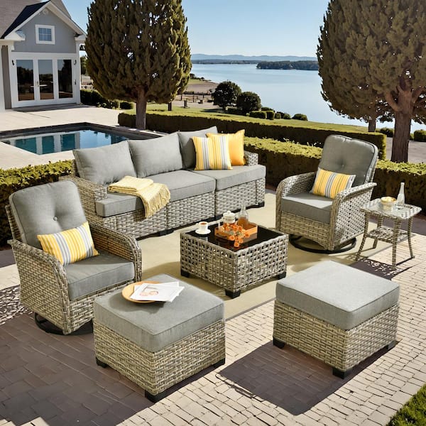 HOOOWOOO Kelleys 9-Piece Wicker Modern Outdoor Patio Conversation Sofa Set with Swivel Chairs and Dark Grey Cushions