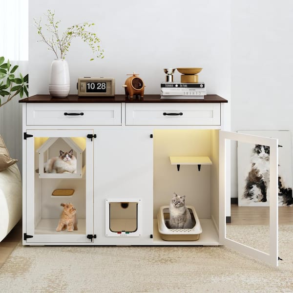 FUFU&GAGA XL Wooden Litter Box Enclosure Furniture with 2-Drawers, Indoor Cat Cabinet Washroom Storage in White Y-THD-180198-01-c4 FUFU&GAGA XL Wooden Litter Box Enclosure Furniture with 2-Drawers, Indoor Cat Cabinet Washroom Storage in White Y-THD-180198-01-c4