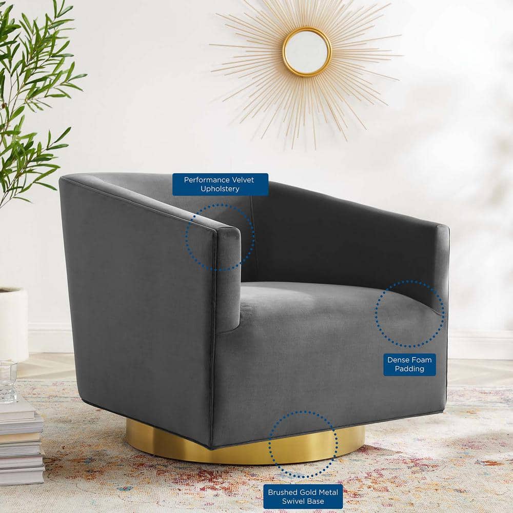 Elegant Gold Charcoal Velvet Barrel Swivel Accent Chair