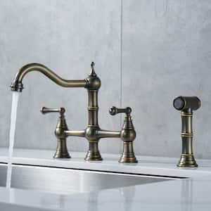 Elegant Double Handle Bridge Kitchen Faucet with Side Sprayer in Antique Bronze