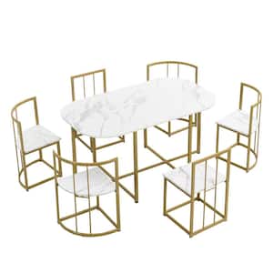 Golden and White 7-Piece Metal Outdoor Dining Modern Dining Table Set with Faux Marble Compact 55 Inch Table Set for 6
