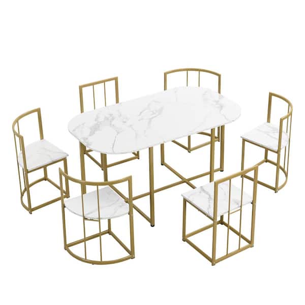 Zeus & Ruta Golden and White 7-Piece Metal Outdoor Dining Modern Dining Table Set with Faux Marble Compact 55 Inch Table Set for 6