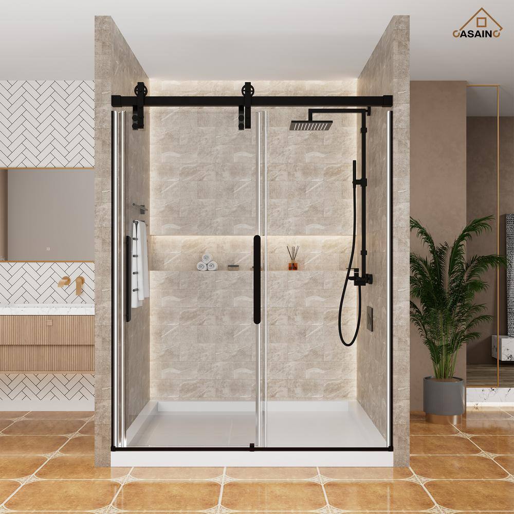 60" x 76" Frameless Black Sliding Shower Door with Tempered Glass