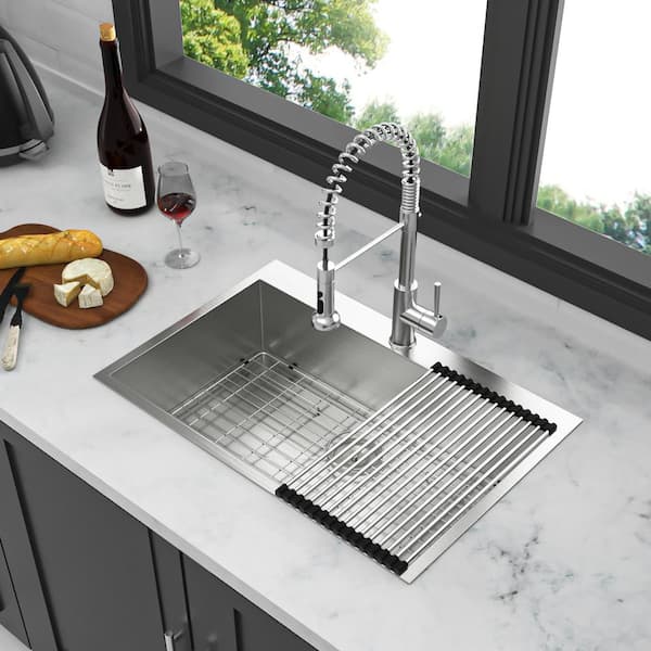 Staykiwi 33 in. Drop-In Single Bowl 18 Gauge Brushed Nickel Stainless Steel Kitchen Sink with Bottom Grids