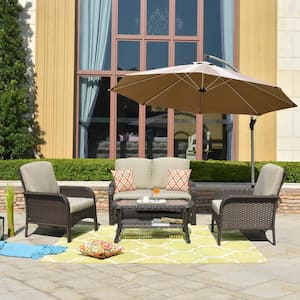 New Augtus Brown 4-Piece Wicker Outdoor Patio Conversation Seating Set with Beige Cushions