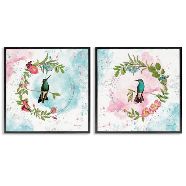Stupell Industries Hummingbirds in Wreaths by Katie Pertiet 2 Pieces Black Framed Animal Giclee Art Print 17 in. x 17 in.