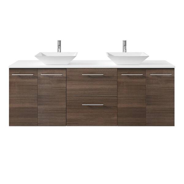 Eviva Lux 60 in. W x 21 in. D x 26 in. H Floating Bath Vanity in Gray Oak with White Tempered Glass Top
