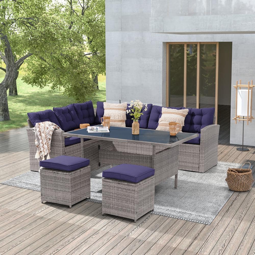 JOYESERY 5Piece Patio Wicker Dining Sofa Set With 3Seater Sofa, Navy