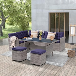 5-Piece Patio Wicker Dining Sofa Set With 3-Seater Sofa, Navy Blue Cushions