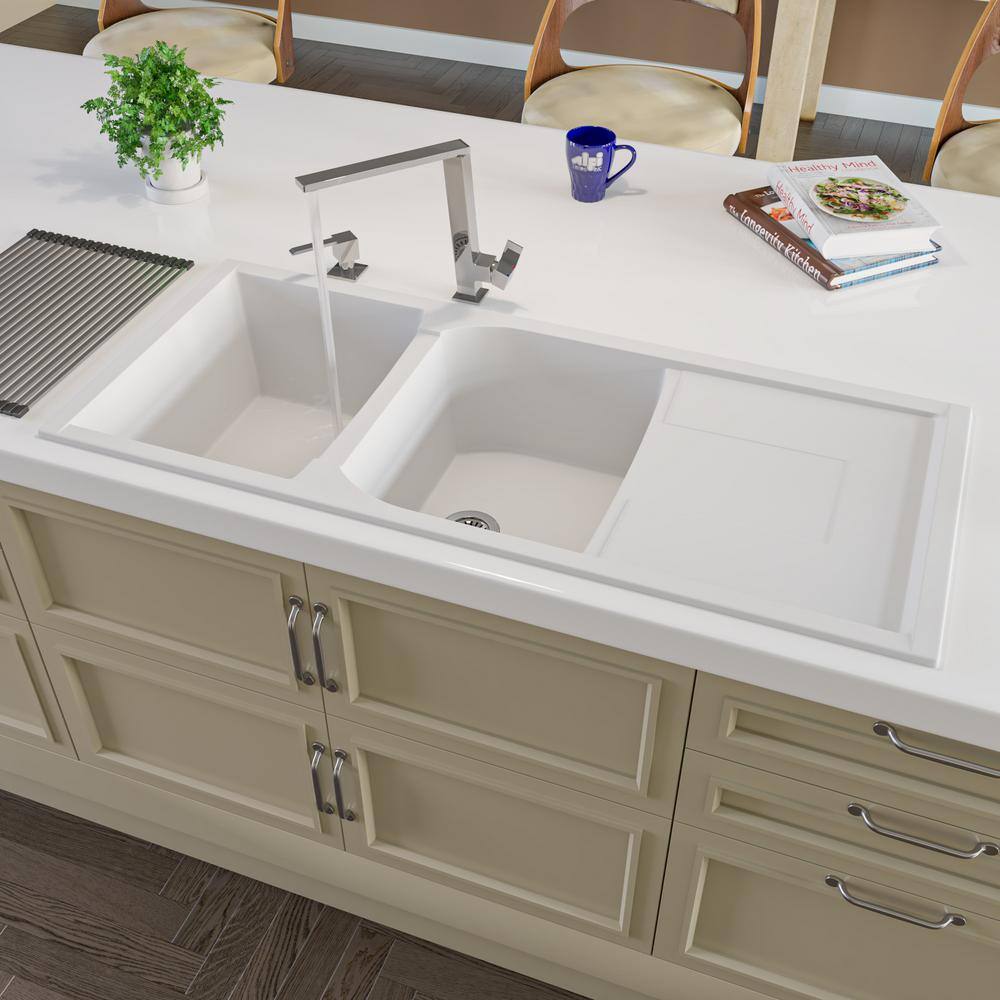 White 46'' Double Bowl Granite Drop-In Kitchen Sink with Drainboard