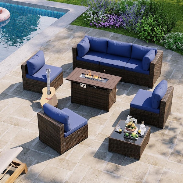 Sizzim Brown 8-Piece Wicker Rattan Outdoor Patio Fire Pit Set