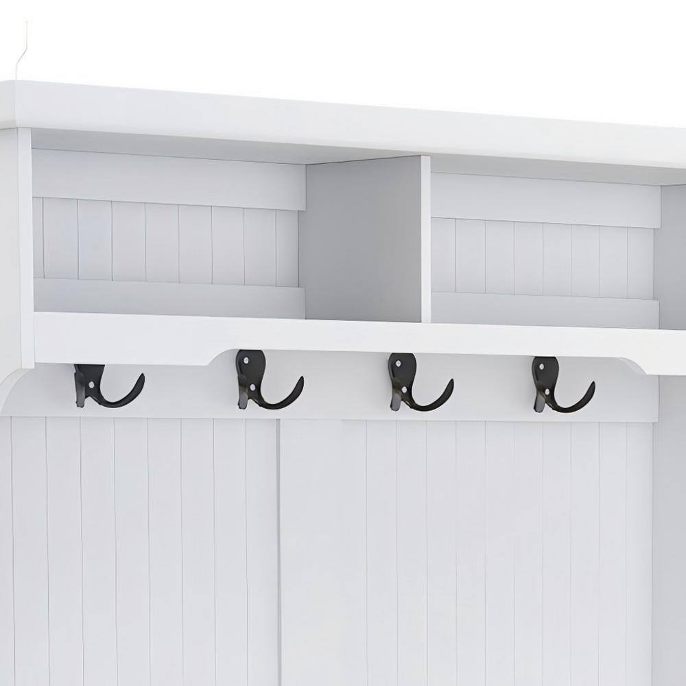 White Wood Hall Tree with Storage Bench and Hooks