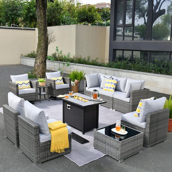 Toject Sanibel Gray 11-Piece Wicker Patio Conversation Fire Pit Sectional Sofa Set with Swivel Chairs and Light Gray Cushions
