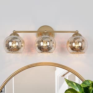 21 in. 3-Light Modern Gold Bathroom Vanity Light, Globe Mercury Glass Bath Lighting, Powder Room Bath Vanity Light