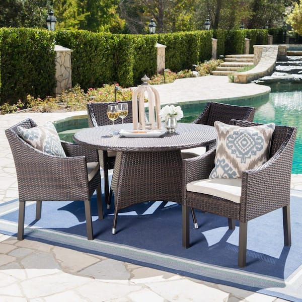 Noble House Franco Multi-Brown 5-Piece Faux Rattan Outdoor Dining Set with Beige Cushions