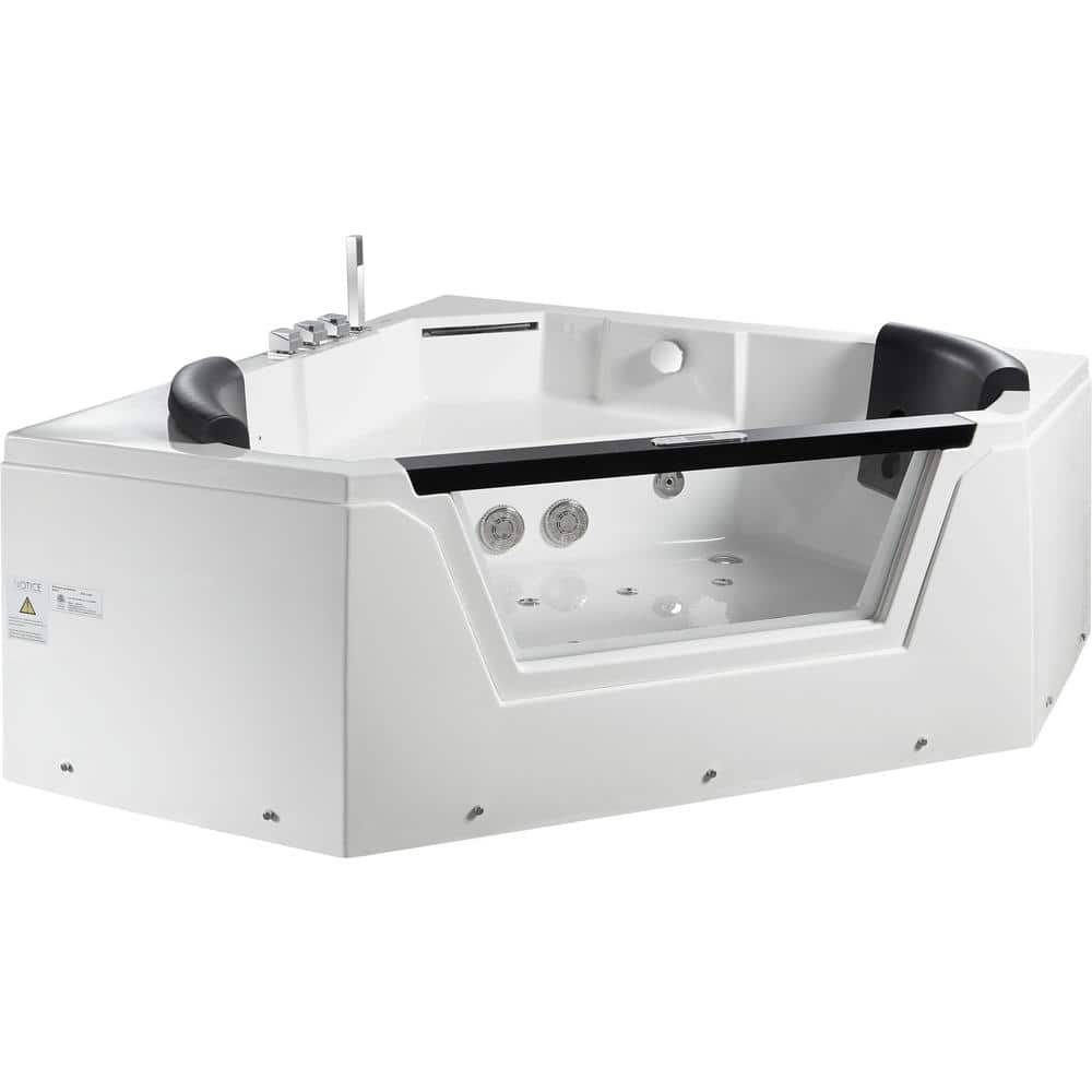59'' White Acrylic Corner Whirlpool Bathtub with Glass Panel