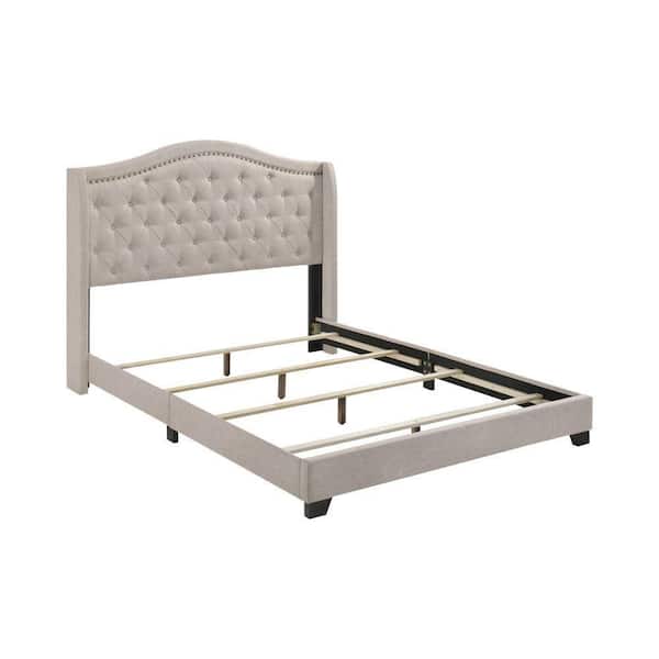 Beige Fabric Upholstered Wooden Framed Button Tufted Queen Size Platform Bed with Camel Back