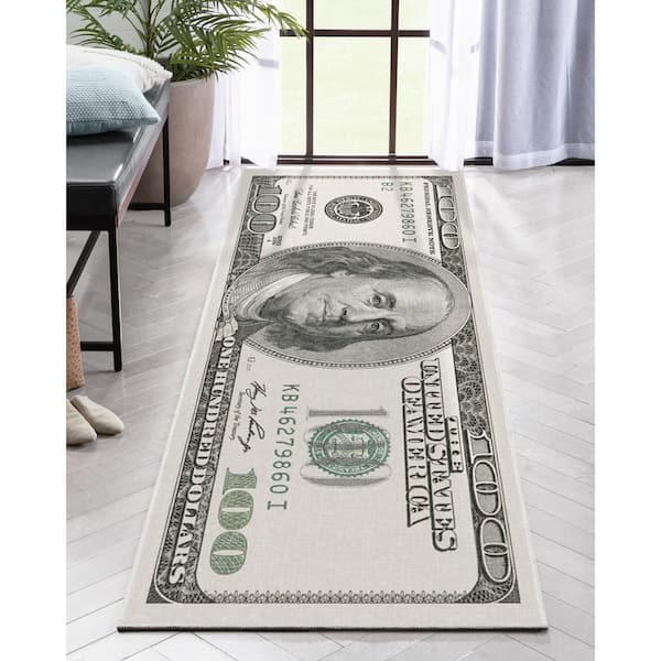 Money Dollar Front 2006A Novelty Printed Green 3 ft. 11 in. x 9 ft. 10 in. Runner Area Rug