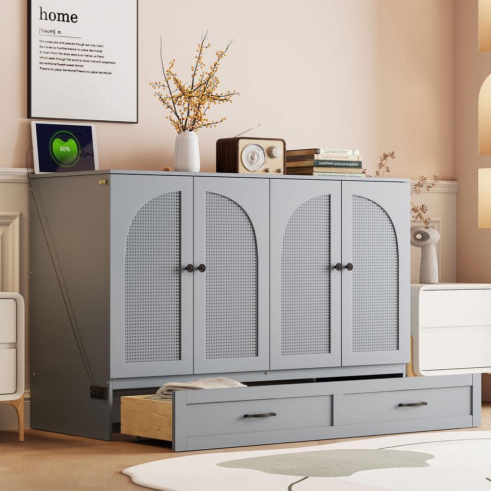 Gray Wood Frame Full Size Murphy Bed Modern Rattan Decorative Surface with Large Drawer, USB Charging Port price history on PriceWatchPro