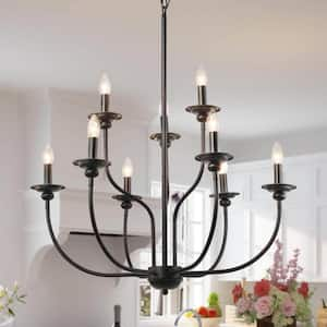 Modern Black Dining Room Candlestick Chandelier 9-Light Living Room Rustic Pendant for Bedroom Kitchen Table Staircase