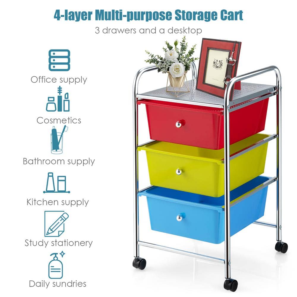 Multicolor 3-Drawer Rolling Storage Cart with Plastic Drawers