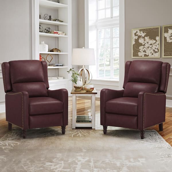 LUE BONA 26 in. Width Wine Red Genuine Leather Recliner Chair with Wooden Legs Push Back Chair with Nail Head Trim set of 2
