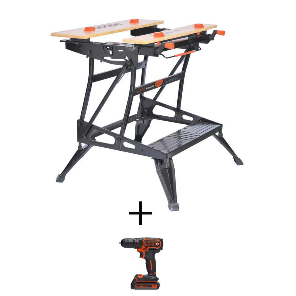 BLACK+DECKER Workmate 425 30 in. Folding Portable Workbench Sawhorse and  Vise, 20V Lithium-Ion 3/8 in. Drill/Driver, 1.5Ah Battery WM425WBDCDD120C -  The Home Depot
