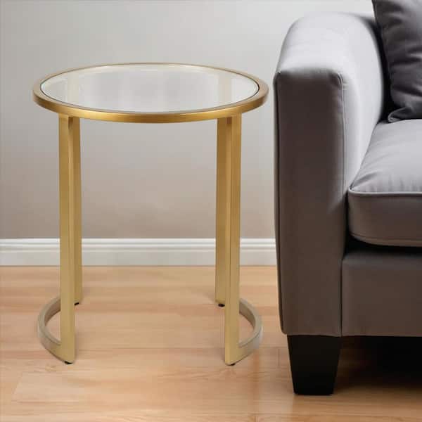 HomeRoots 20 in. Brass Round Glass End Table