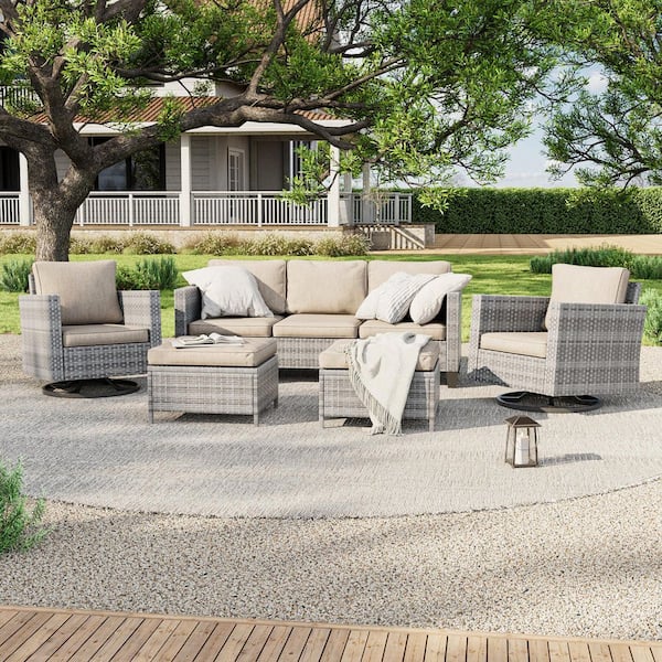 JOYESERY 5-Piece Patio Outdoor Grey Wicker Conversation Seating Set Thickening With Swiveling Rocker, Linen Flax Beige Cushion