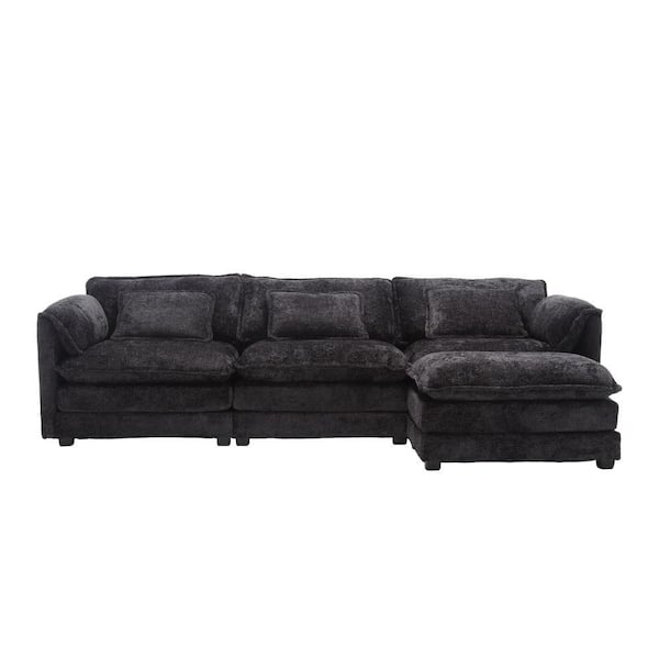 112 in. Sq. Arm 4-Piece L Shaped Chenille Modern Sectional Sofa in Black with Moveable Ottoman