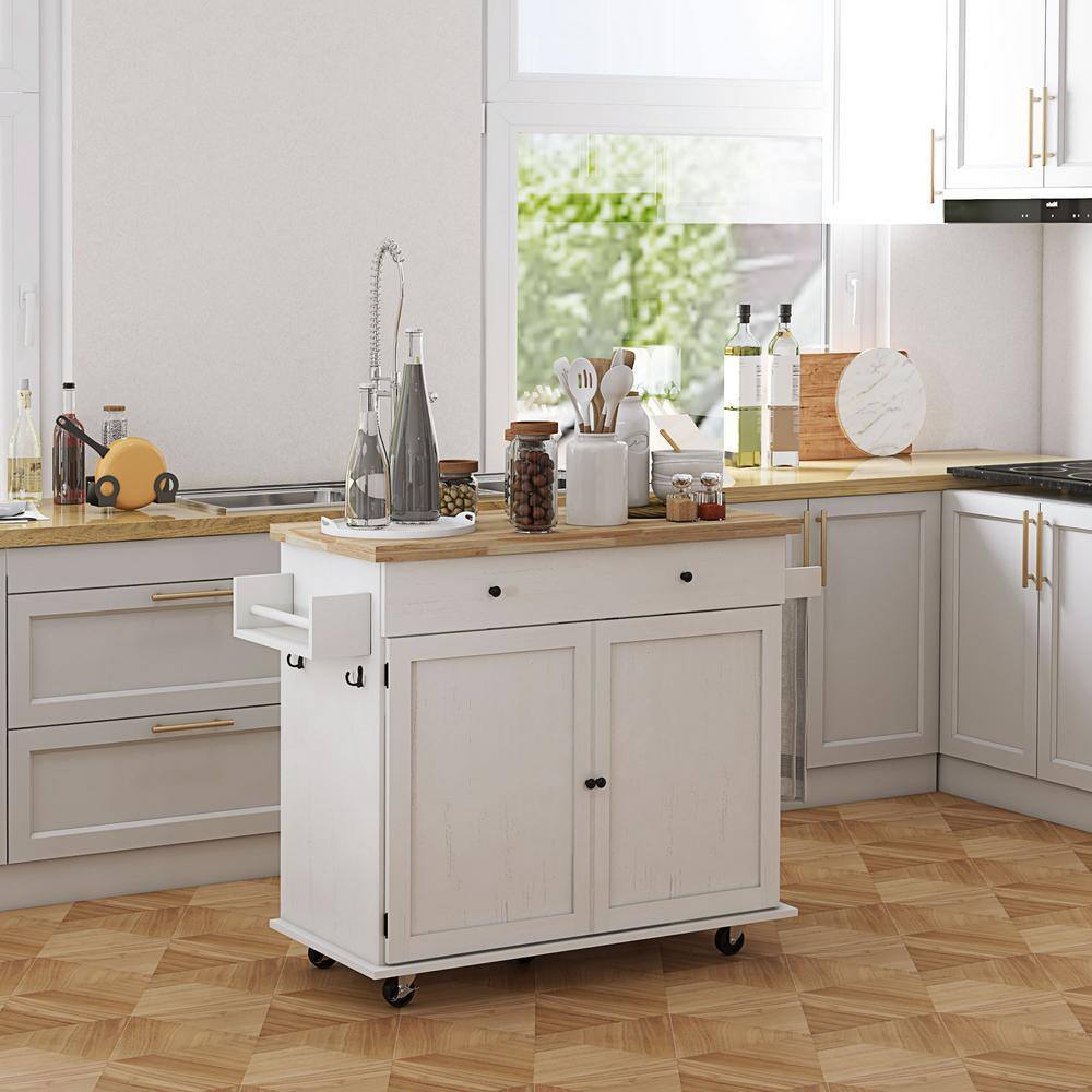 Distressed White Rubberwood Kitchen Cart with Spice Rack and Storage