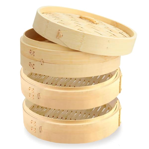 8 in. 3-Tier Bamboo Steamer Basket Set for Dumplings Dim Sum Bao Buns Rice and Vegetables Inch Cooking