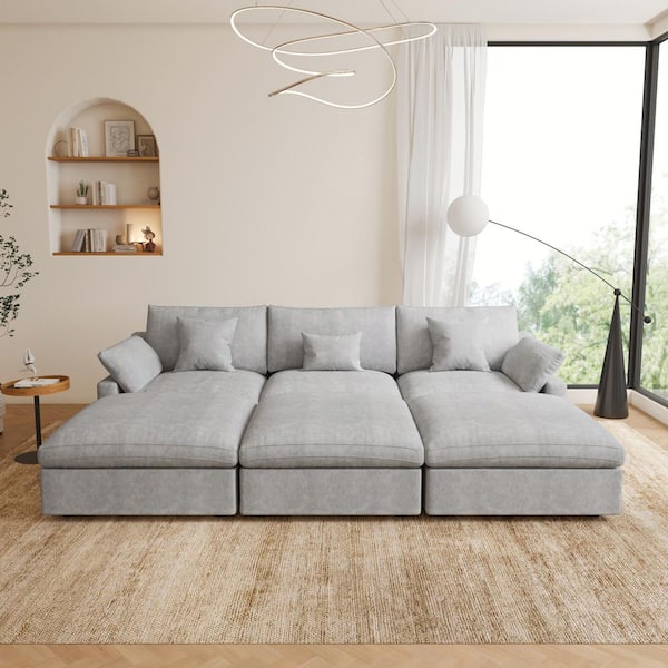 119 in. W Square Arm Linen Upholstered Rectangle 3-Seater Sectional Sofa with 3-Ottoman in Gray
